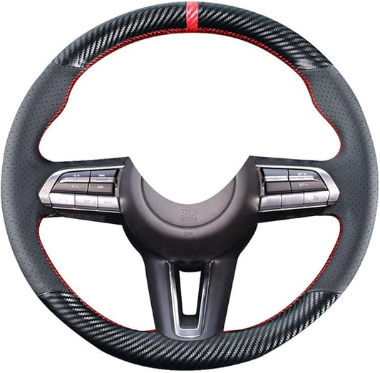 DIY Stitching Carbon Fiber Steering Wheel Cover for Mazda CX-30 SUV 2020-2023 / Mazda 3 2019-2023 15 inches Leather Interior Accessories