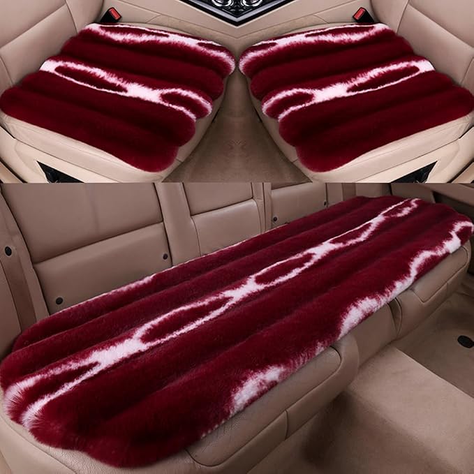 Faux Sheepskin Car Seat Cover, Thin Fluffy Cute Red Fur Car Seat Cover Full Set for Fuzzy Soft Auto Universal Plush Vehicle Seat Protector Pad Accessories