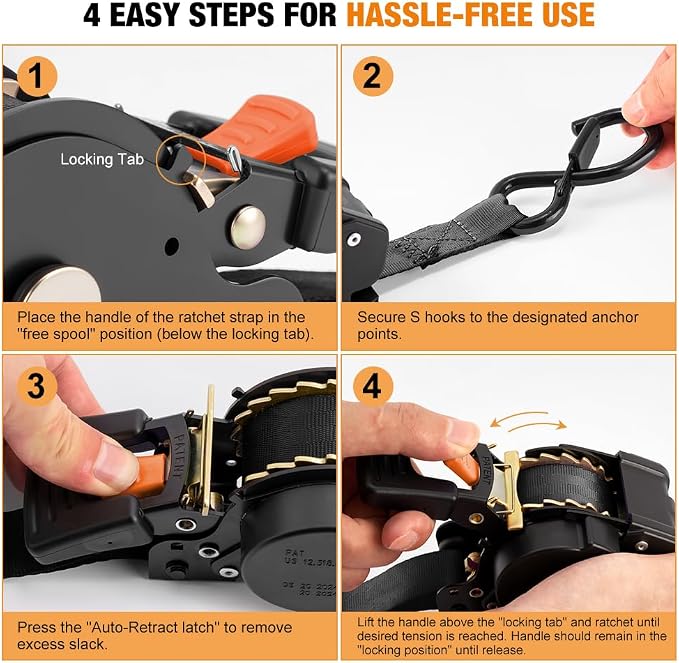 Retractable Ratchet Straps (4-Pack) - 1 Inch x 10 Feet (1,764lb Break Strength) - Heavy Duty Auto Self Retracting Tie Down Straps for Truck, Cargo Trailer, Motorcycle, ATV, UTV - Black