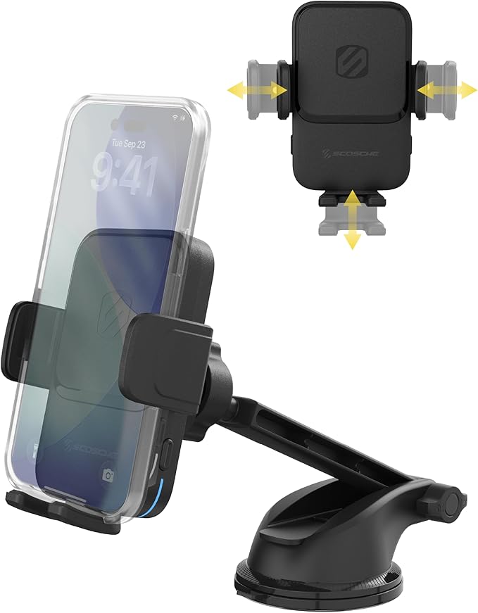 Scosche Wireless Car Charger Mount, Auto-Clamping Car Phone Holder Charger for Dashboard/Windshield with Adjustable Arm, 360° Rotation, Compatible with iPhone, Samsung, and More Android Phones