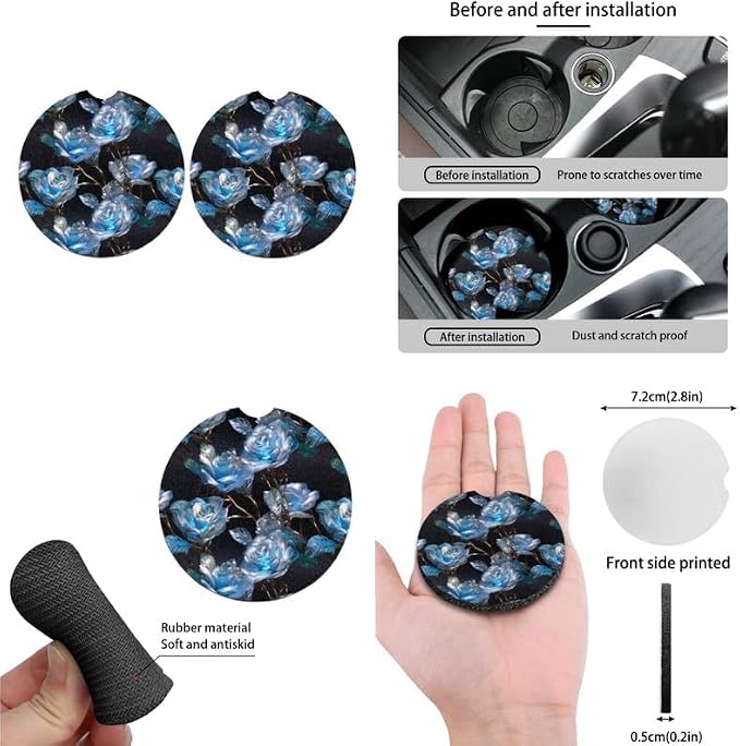 Crystal Rose Blue Artwork Print 13 Pcs Car Seat Covers Full Set Rose Hand Drawing Steering Wheel Cover Back Headrest Cover Coaster Keychains for Trucks Sedan SUV