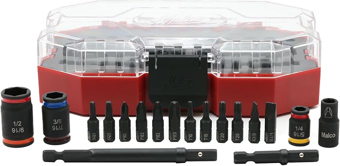 Malco KITCRB C-RHEX Socket Install Kit with Premium Case -Cleanable Reversible Hex Sizes (1/4"-9/16"), 2 Magnetic Shafts, 12 Impact-Rated Bits