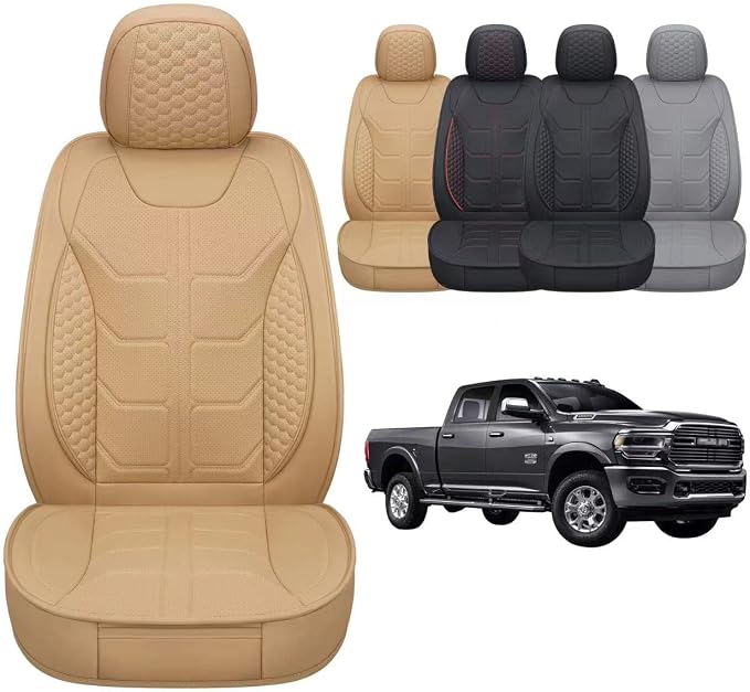 GXT Dodge RAM Front Seats Cover Fit for Select 2013-2021 Dodge RAM 1500 2500 3500 Pickup Truck, Waterproof Synthetic Leather Car Seat Cover and Cushion (Beige)