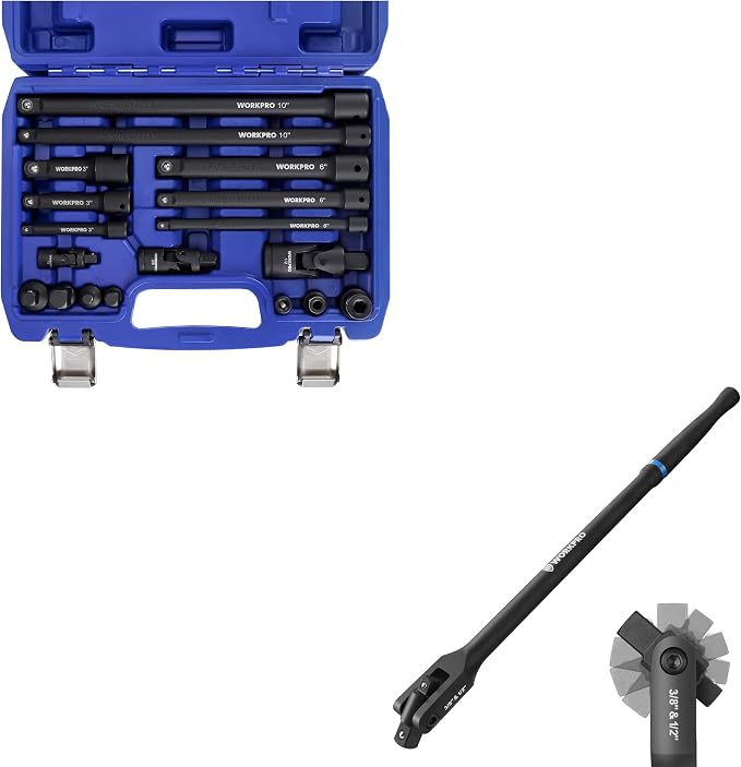 WORKPRO 18-Piece Impact Socket Extension Set & WORKPRO 16-inch Dual Drive Breaker Bar, 3/8" & 1/2" Drive