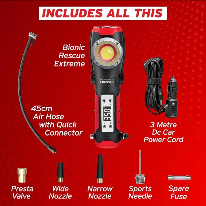 BIONIC Car Tire Inflator Portable Air Compressor with LED Road Flare, Work Light, & Window Breaker, 1500MAH Air Pump with Pressure Gauge, Emergency Lights for Vehicles, Rechargeable (120 PSI)