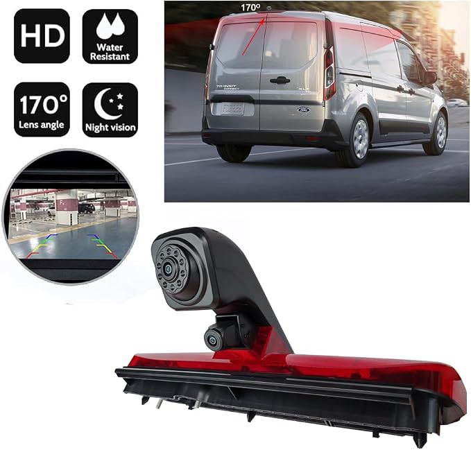 HD Auto Transporter Caravan Van Brake Light Roof Rear View Reversing Backup Dual-Lens Camera with Angle Adjustable Compatible with Ford Transit Connect 2/XL Cargo Titanium Passenger Wagon SUV MPV Bus