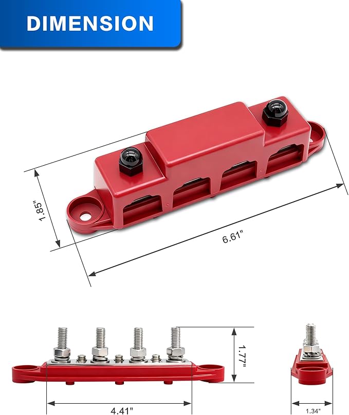 Bus Bar 12V 150A Power Distribution Block 4 x 5/16"(M8) Studs Marine Bus Bar Battery Bus Bar with Cover for Marine Car RV Solar Wiring (Pair, Red & Black)