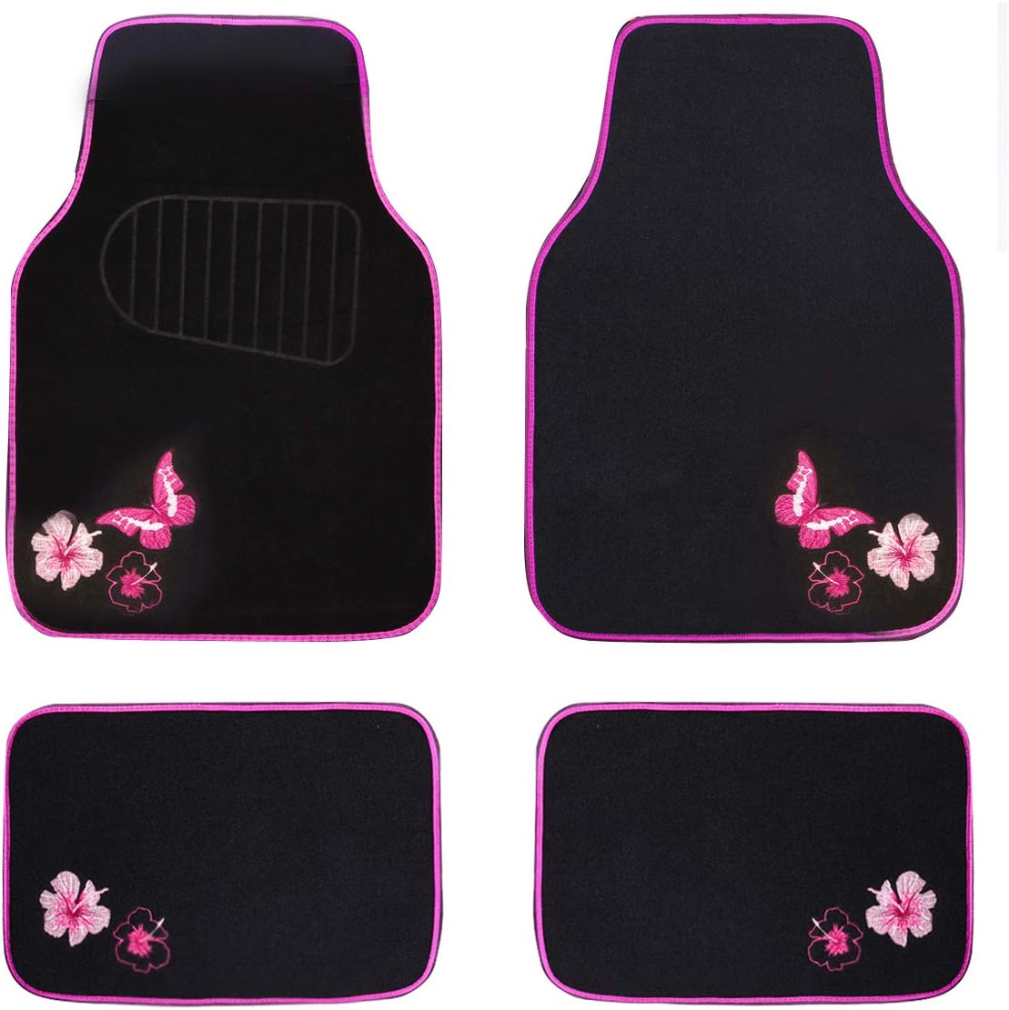 CAR PASS Embroidery Butterfly and Flower Car Floor Mats, Pink Car Floor Mats Universal Fit 95% Automotive,SUVS,Sedan,Vans,for Cute Women,Girly,Set of 4 (Black with Pink)