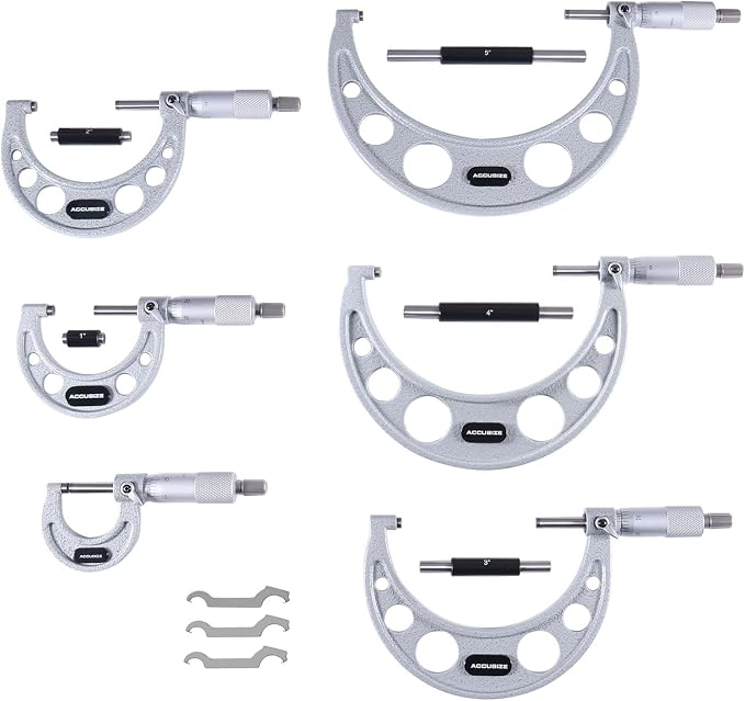 Accusize Industrial Tools 0-6 inch by 0.0001'' Ultra-Precision Outside Micrometers with Carbide Tips 6 Pc Set, Eg00-0906 | 0-6 in x 0.0001" Ultra-Precision M-Type, Carbide Tipped, with Standards