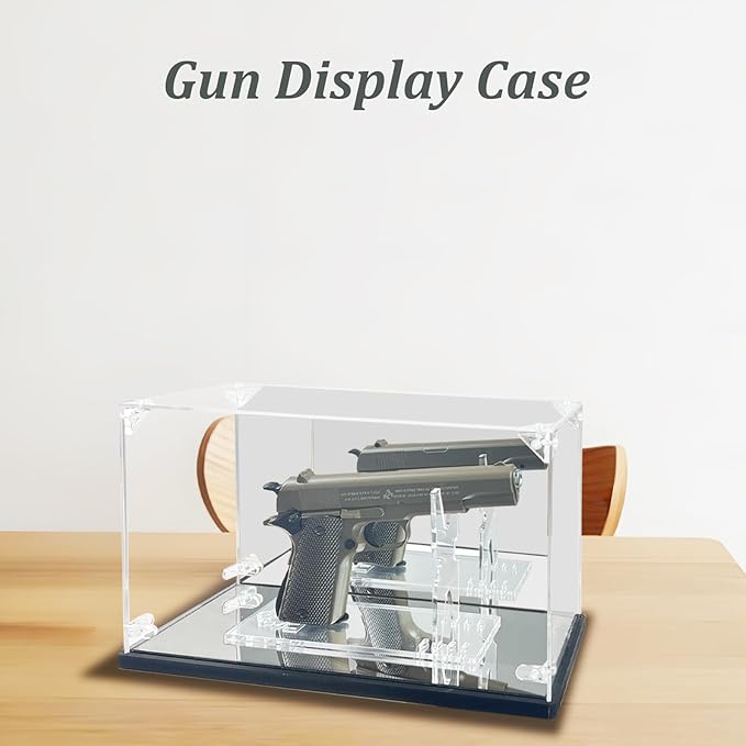 Pistol Display Case, Clear Acrylic Gun Display Case with Pistol Display Stand,Single Handgun Revolver Case with Double Mirror & Black Wood Plastic Base, Dust-Proof&UV Protection for Gun