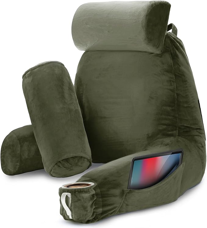 Nestl Reading Pillow with Shredded Memory Foam Includes 2 Neck and Lumber Support Pillows, Designed for Sitting Up in Bed and Couch, Back and Arms Adjustable Support for Adult & Teens, Olive Green