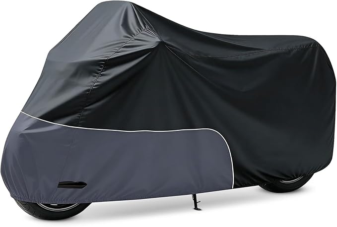 Motorcycle Cover 96 Inch with Relfection Strip, Compatible with Harley Davidson,Yamaha, Honda, Suzuki, Kawasaki All Weather Waterproof Outdoor and Dustproof Indoor, Black&Grey