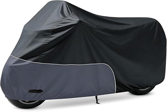 Motorcycle Cover 96 Inch with Relfection Strip, Compatible with Harley Davidson,Yamaha, Honda, Suzuki, Kawasaki All Weather Waterproof Outdoor and Dustproof Indoor, Black&Grey