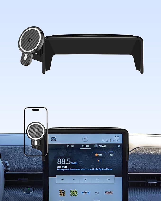 PZK Car Phone Holder for Ford Mustang Mach-E 2021 2022 2023 2024 2025 Accessories 15.5-Inch Screen Fixed Clip Magnetic 15W Fast Wireless Charger Phone Mount with Sunglasses Storage Box 360° Rotation
