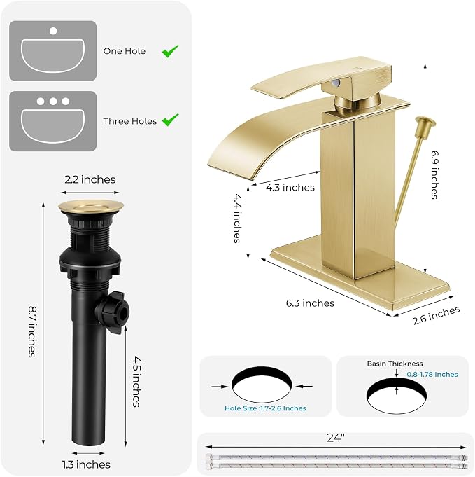 Brushed Gold Bathroom Faucet with Lift Rod Drain, Waterfall Bathroom Sink Faucet Modern Single Handle Bathroom Faucte 1 or 3 Hole, RV Mixer Tap Vanity Faucet Washbasin Faucet with Deck