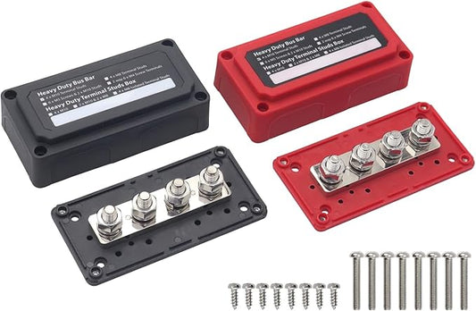 Busbar 12V-48V DC 300A Distribution Block, Heavy Duty Bus Bar with 4X 3/8"(M10) Posts Terminals Battery Junction Blocks 300 Amp for Car RV Solar PV System Truck Boat Marine, Red& Black 2 Pack