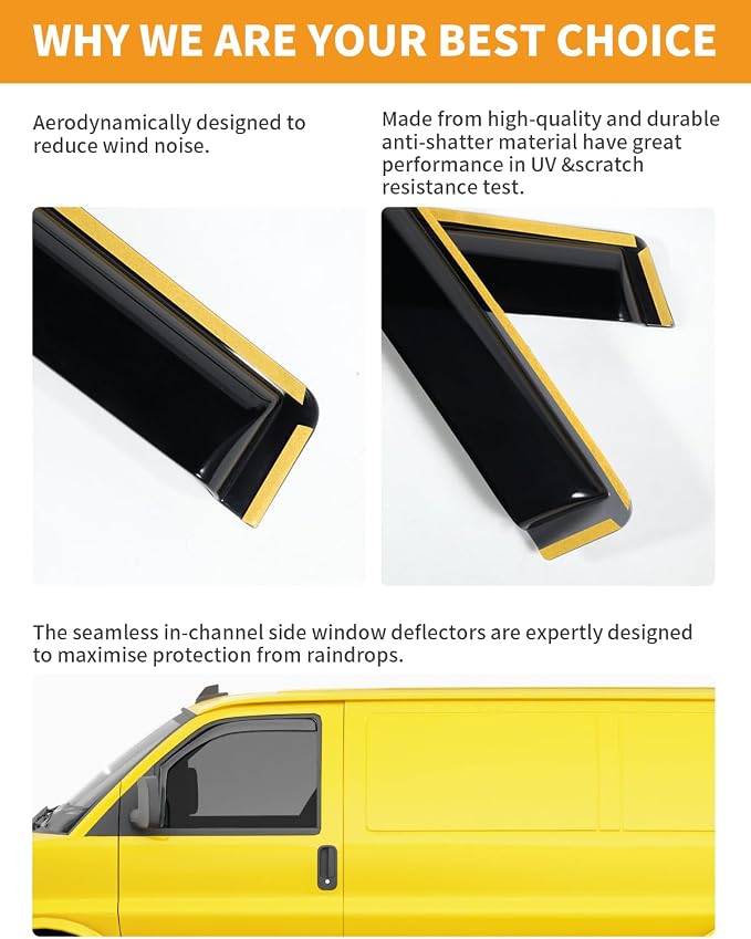 in-Channel Window Rain Guards Fit for Chevy Express Van 1996-2026 & GMC Savana 1996-2026 Rain Guard Extra Durable Window Deflectors Vent Visors Vent Shades Exterior Car Accessories