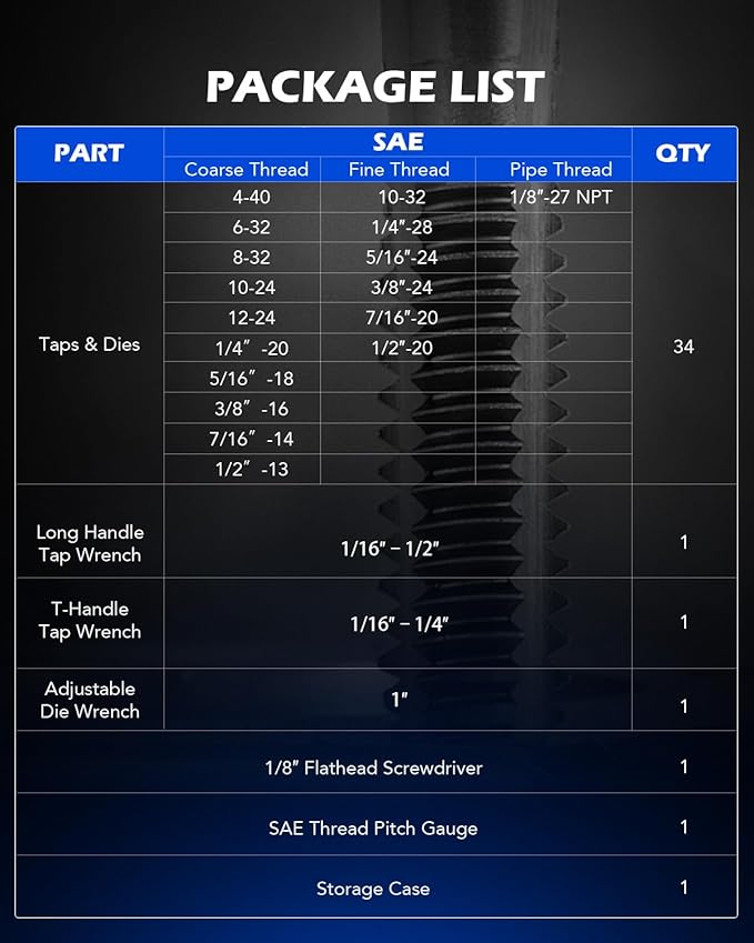 Orion Motor Tech SAE Tap and Die Set Standard | #4, 6, 8, 10, 12, 1/4, 5/16, 3/8, 7/16, 1/2" Tap Set and Die Set | Thread Repair Kits for Threading and Rethreading Internal and External Threads
