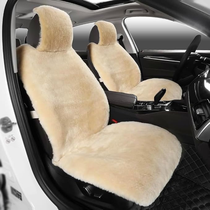 Fluffy Fur Sheepskin Car Seat Cover Automotive Interior Accessories Seat Covers Accessories Seat Cushions， Soft Natural Pure Wool ，Universal Fits Most Cars SUVs (Pearl, Universal Fit, Pack of 2)