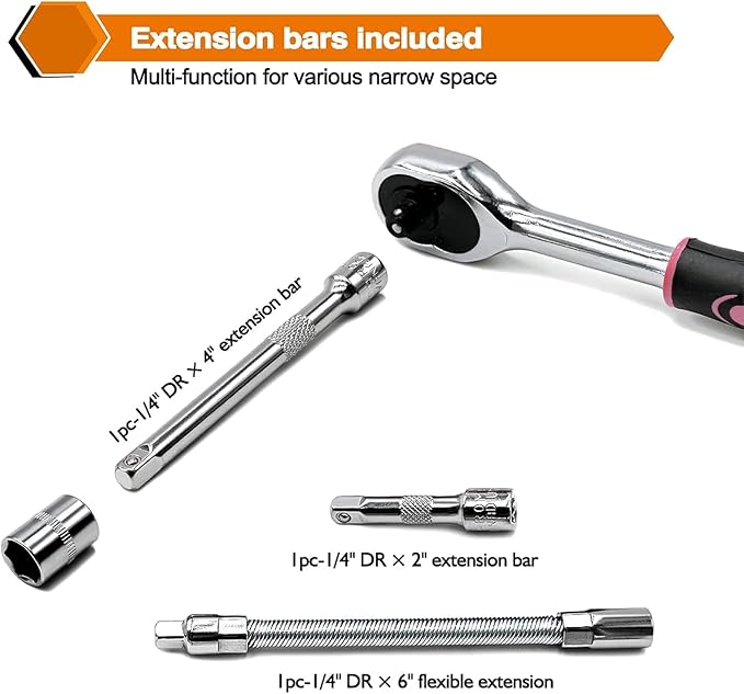 Egofine 46 Pieces 1/4 inch Drive Socket Ratchet Wrench Set, with Bit Socket Set Metric and Extension Bar for Auto Repairing and Household, with Pink Storage Case