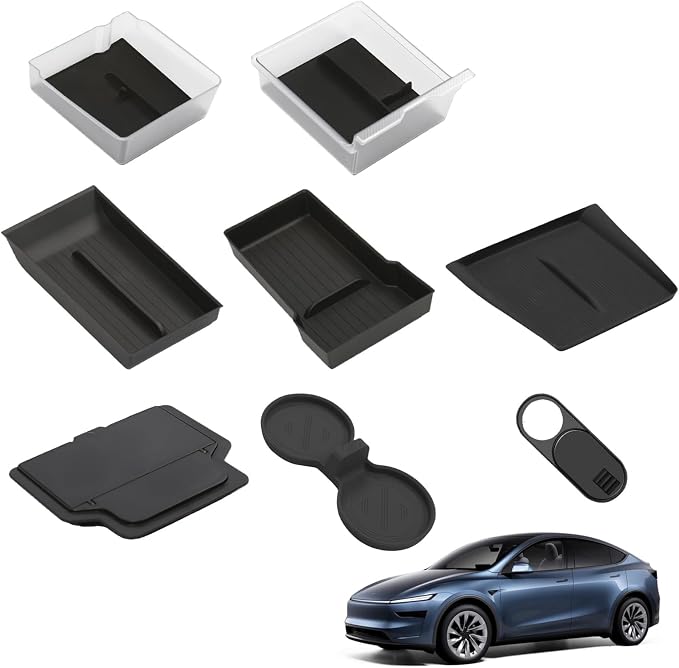 8PCS Tesla Model Y Juniper Accessories 2026, Center Console Organizer Tray Armrest Storage Box with Silicone Mats, Hidden Storage Box, Cup Holder Insert, Camera Cover