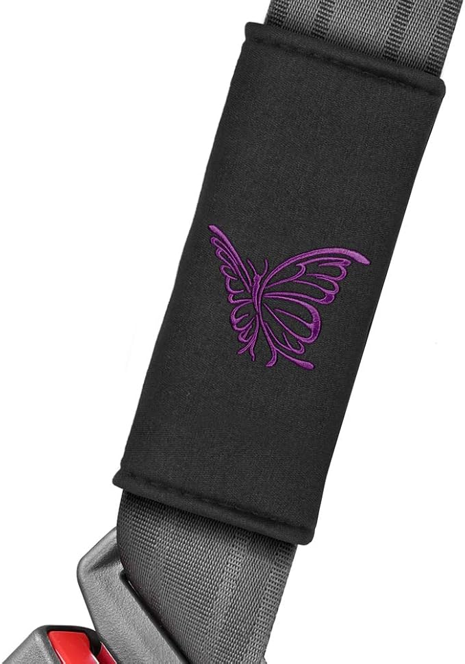 BDK Purple Butterflies Car Seat Covers for Women, Full Set with Steering Wheel Cover and Seat Belt Pads – Front and Rear Seat Covers for Cars with Matching Accessories, Fits Most Car Truck Van SUV