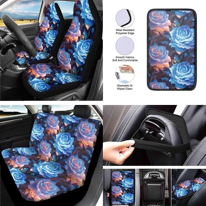 Multi-Colour Rose Floral Print 13 Pcs Universal Car Seat Covers Set, Colorful Crystal Rose Steering Wheel Cover Cup Coasters Trucks Sedan SUV Cover Armrest Cushion Pad