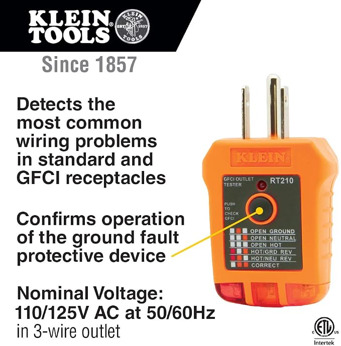 Klein Tools RT250 GFCI Outlet Tester with LCD Display and Klein Tools RT210 Outlet Tester