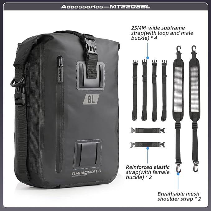 Rhinowalk Motorcycle Tail Bag Motorbike Side Bag 8L Full Waterproof Motor Saddle Pannier Bag Rear Rack Trunk Professional Motor Accessories-Black