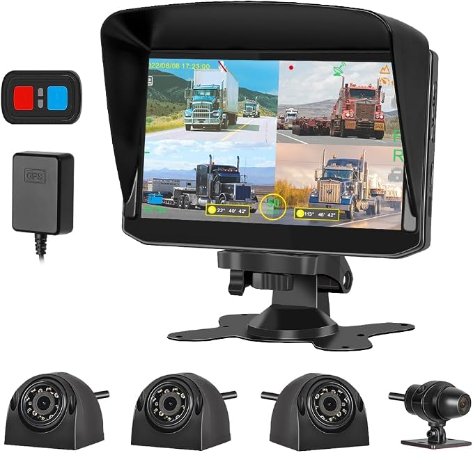VSYSTO H7 4CH Truck Dash Camera 360 DVR Dash Cam Security Camera System Vehicle Backup Cameras 1080P Front Rear Side View 7.0'' Monitor w/GPS IR Night Vision for RV Semi Truck Trailer Tractor