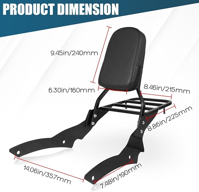 Passenger Backrest Sissy Bar with Luggage Rack Compatible with for 1996-2017 Yamaha Vstar 650 400 Custom 1997-2017 Dragstar 650 400 Custom Motorcycle Detachable Rear Sissy Bar Backrest