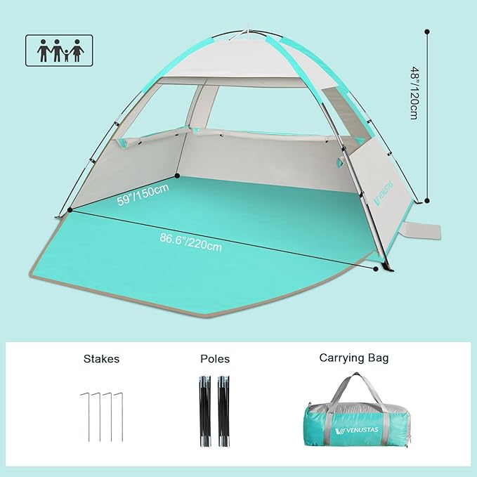 Venustas Beach Tent Sun Shelter for 3/4/6/8 Person, UPF 50+ UV Protection Beach Canopy, Lightweight and Easy Setup Cabana, Portable Shade Tent