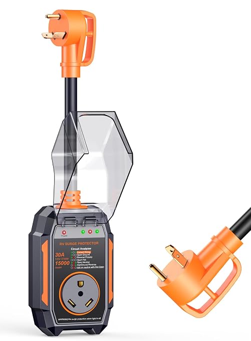 GEARGO 𝑵𝒆𝒘𝒆𝒔𝒕-𝑮𝒆𝒏 RV Surge Protector 30 Amp, 15000J Circuit Analyzer with IP68 Waterproof Cover, High-Energy Protection & Temperature Control, RV Adapter Plug for Camper, Travel Trailers