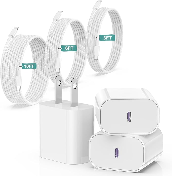 iPhone 17 16 15 Charger Fast Charging 20W USB C Wall Charger Block with 3 Pack [3TF+6FT+10FT] Braided USB C to C Cable Fast Charging for iPhone 15/16/17 Pro Max/Pro/Plus/Air,for iPad Pro/Samsung