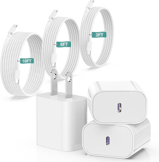 iPhone 17 16 15 Charger Fast Charging 20W USB C Wall Charger Block with 3 Pack [3TF+6FT+10FT] Braided USB C to C Cable Fast Charging for iPhone 15/16/17 Pro Max/Pro/Plus/Air,for iPad Pro/Samsung