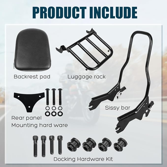 Upright Passenger Backrest Sissy Bar with Luggage Rack Docking Hardware Kit Compatible with for 2018-2025 Harley Softail FLSL FXST Heritage Classic FLHC FLHCS Deluxe FLDE Street Bob FXBB