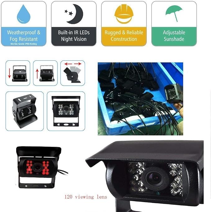 Camecho DC 12V 24V Vehicle Backup Camera System 2 x Rear View Camera Support Night Vision Waterpoof & 7" Monitor with Dual 34ft AV Cables Hardwire for Bus Truck Van Trailer RV Campers