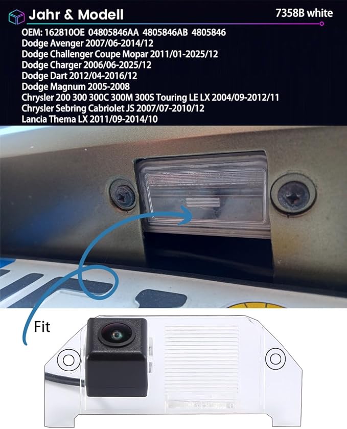 HD Waterproof Car Backup Rear View Reverse License Plate Parking Camera, Parking safety assistant system for Dodge Charger/Challenger/Magnum/Avenger/Dart/Chrysler 300 300C Touring 300M LX/Lancia Thema