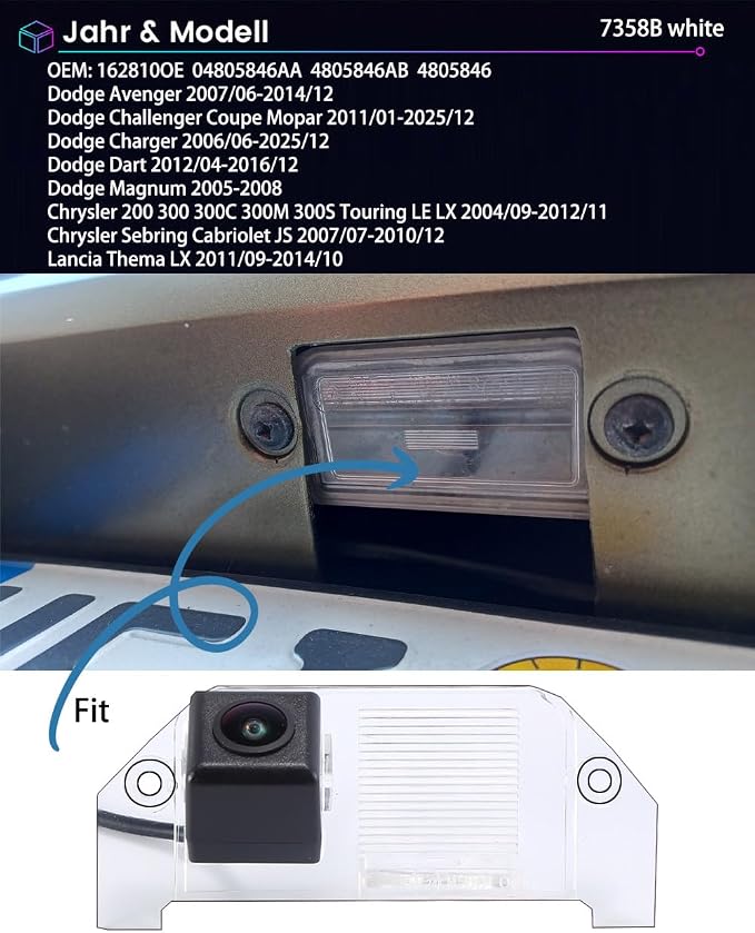 HD Waterproof Car Backup Rear View Reverse License Plate Parking Camera, Parking safety assistant system for Dodge Charger/Challenger/Magnum/Avenger/Dart/Chrysler 300 300C Touring 300M LX/Lancia Thema