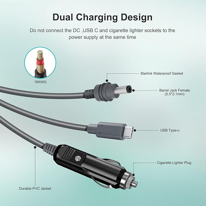 Starlink Mini Cable 16.4 FT / 5M,3 in 1 Fast USB C Car Charger DC to DC Replacement Power Extension Cable for Starlink Mini Accessories