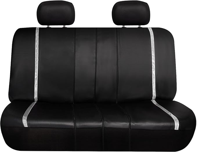 FH Group Galaxy13 Metallic Striped Deluxe Leatherette Car Seat Covers with Matching Carpet Floor Mats – Full Set, Universal Fit, Airbag Compatible for Cars, SUVs & Sedans, White