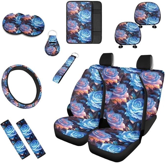 Multi-Colour Rose Floral Print 13 Pcs Universal Car Seat Covers Set, Colorful Crystal Rose Steering Wheel Cover Cup Coasters Trucks Sedan SUV Cover Armrest Cushion Pad