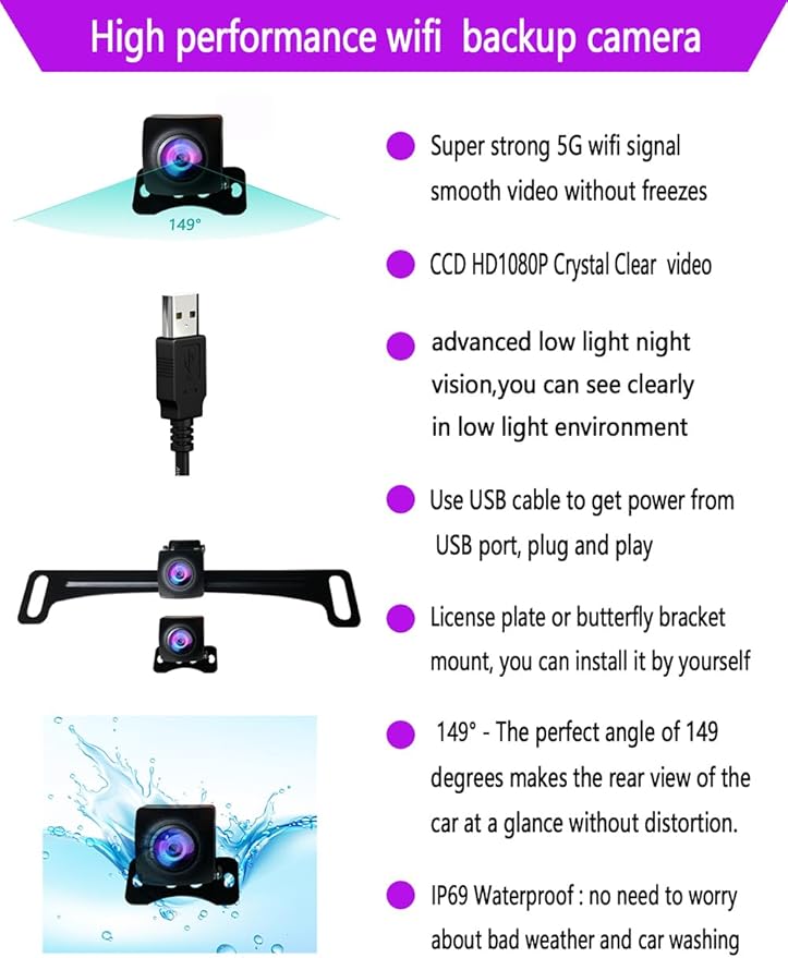 WiFi Backup Camera, Strong 5G WiFi HD1080P Clear Picture, Wide Angle Rear View Reverse Back up Camera, Night Vision Waterproof License Plate Reversing Rearview Camera for Car SUV Pickup iPhone