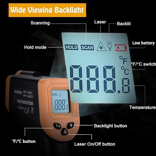 Pizza Oven Laser Thermometer Gun for Cooking, OnniOne Infrared Thermometer for Blackstone Griddle, -58℉~1022℉ Non Contact Grill Temperature Gun with Carrying Storage Bag, LCD Backlit (NOT for Human)