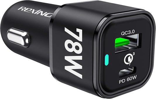 REXING JETSPEED Black 78W PowerDrive+ USB-C Car Charger, 2 Port QC3.0/PD3.0 for Dashcam/Android/iPhone/iPad/MacBook/Windows Fast Charge Dual Cigarette Lighter Adapter