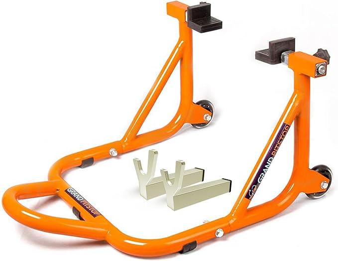 GRAND PITSTOP Motorcycle Stand, Paddock Lift Stand for Rear Wheel with Fork & Swingarm Spool,Weight Capacity 529 lbs/240 Kg's, Dismantable Stand, for Honda Kawasaki Suzuki Motorcycles, Orange