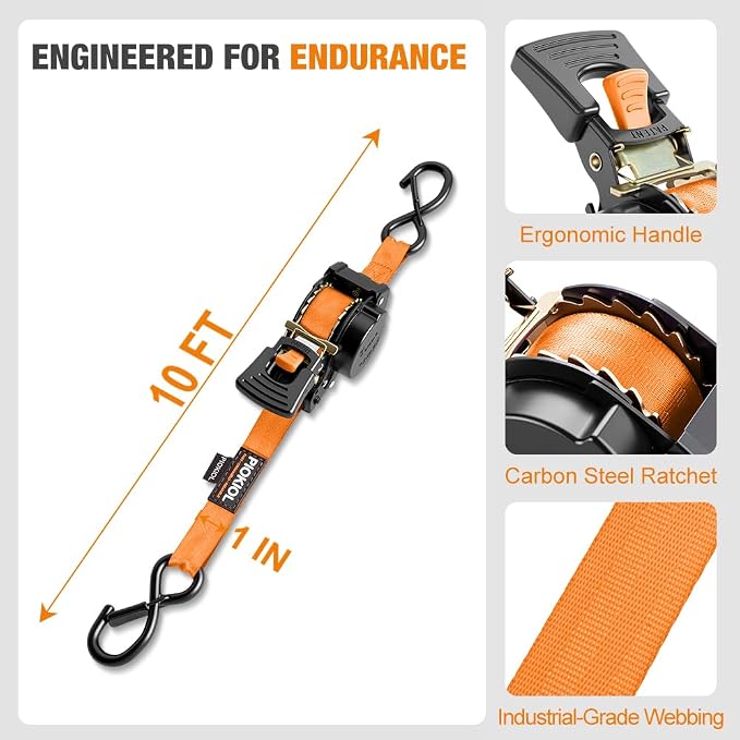 Retractable Ratchet Straps (4-Pack) - 1 Inch x 10 Feet (1,764lb Break Strength) - Heavy Duty Auto Self Retracting Tie Down Straps for Truck, Cargo Trailer, Motorcycle, ATV, UTV – Orange