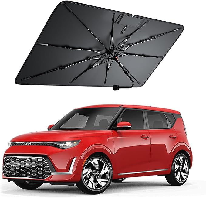 Windshield Sun Shade for Kia Soul 2010–2026, Foldable Umbrella Sunshade with 100% UV Block, Multi-Layer Heat Insulation, Reinforced 10-Rib Frame, Keeps Car Cooler, Summer Car Accessory