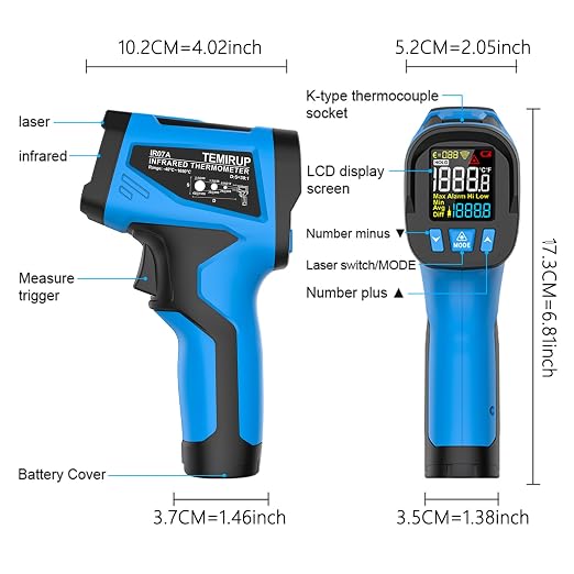 -40℉ to 2462℉, TEMIRUP Infrared Thermometer High Temperature Gun, Non-Contact Digital IR Laser Thermometer with Probe, 30:1 Pyrometer with Color LCD for Cooking, Kiln, Forging, HVAC & Industrial