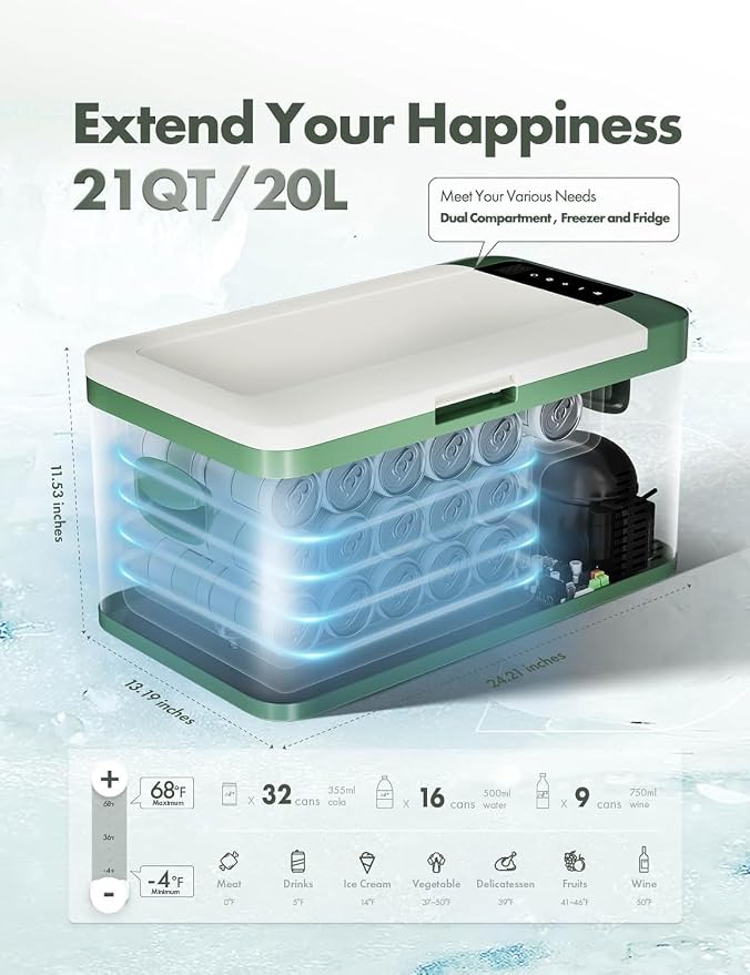 A-Premium 12 Volt Refrigerator 21QT/20.1L Portable Car Fridge Cooler | -4°F~68°F Portable Freezer Fast Cooling with 12/24V DC & 110/240V AC for Home Party Camping RV Roadtrips Truck Outdoor Use